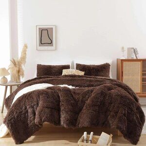 Brown Faux fur Queen/full Fluffy Comforter cover Set 3 Pieces- pillow cases
